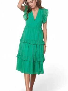 Amanda Uprichard Chamomile Emerald Green, Tiered, V-Neck, Midi Dress